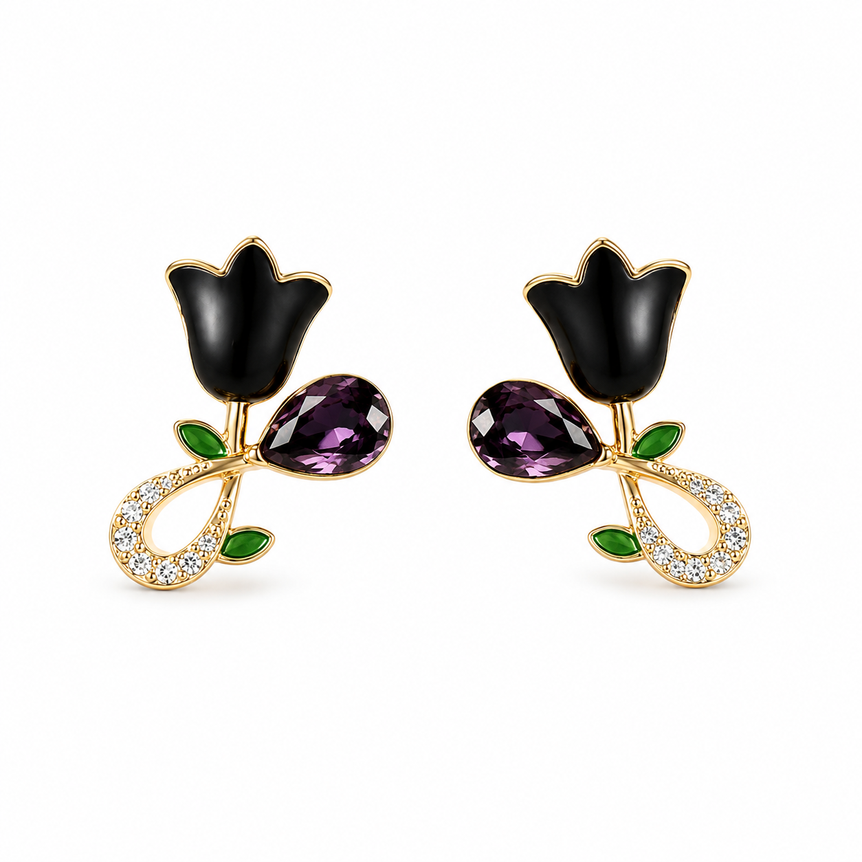 Black Tulip Gem Drop Earrings
