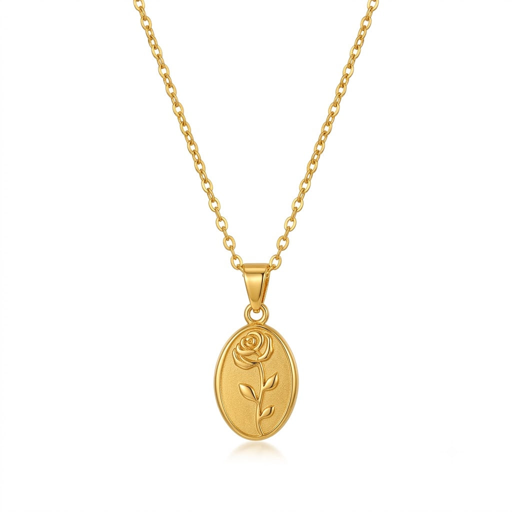 Gold rose oval pendant necklace