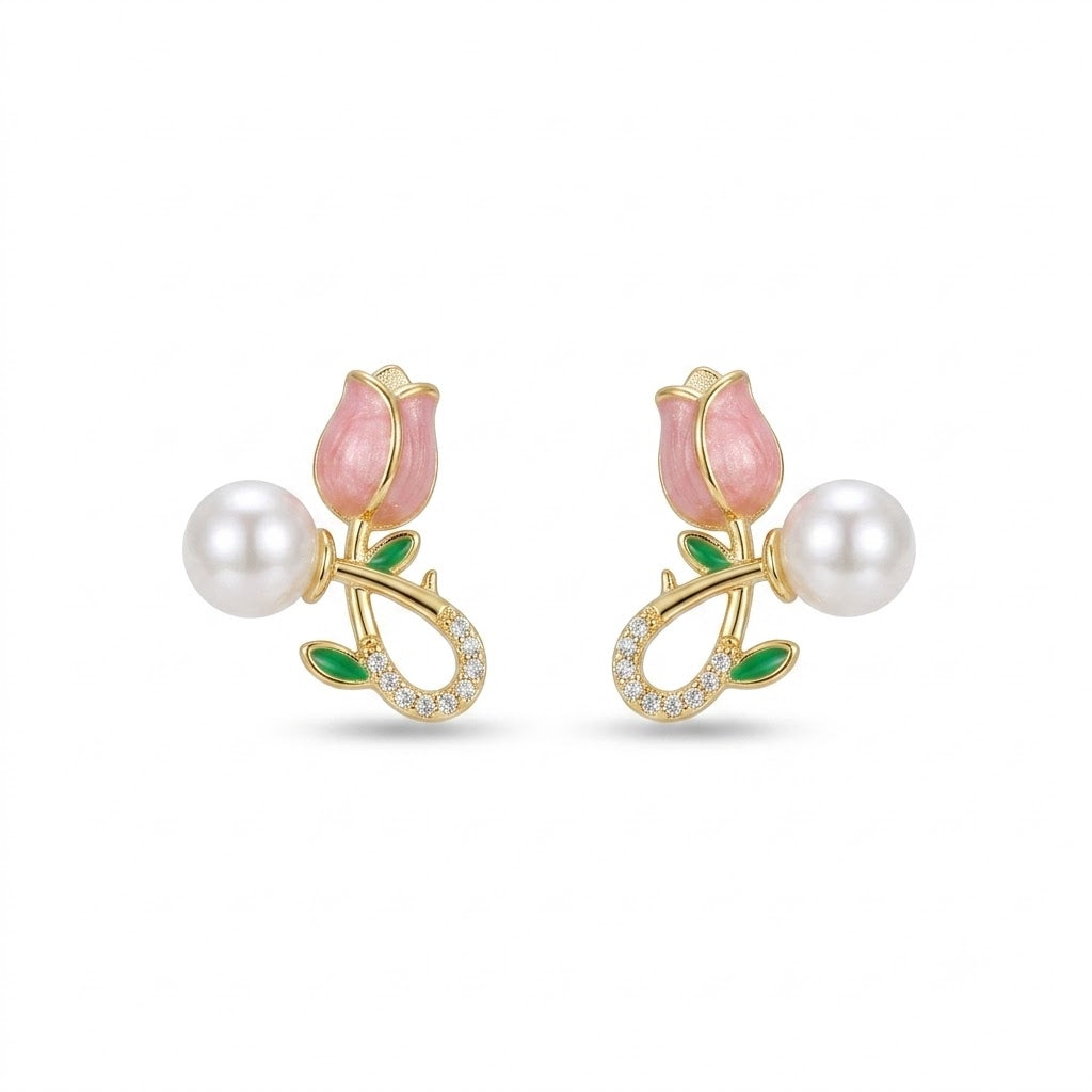 Pink Tulip Pearl Drop Earrings