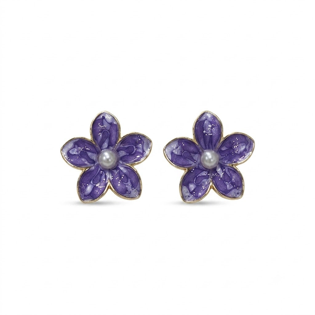 Purple Floral Pearl Stud Earrings