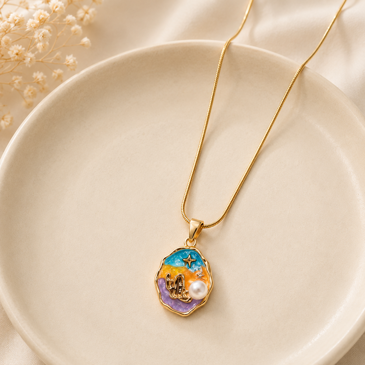 Celestial Enamel Pearl Pendant Necklace