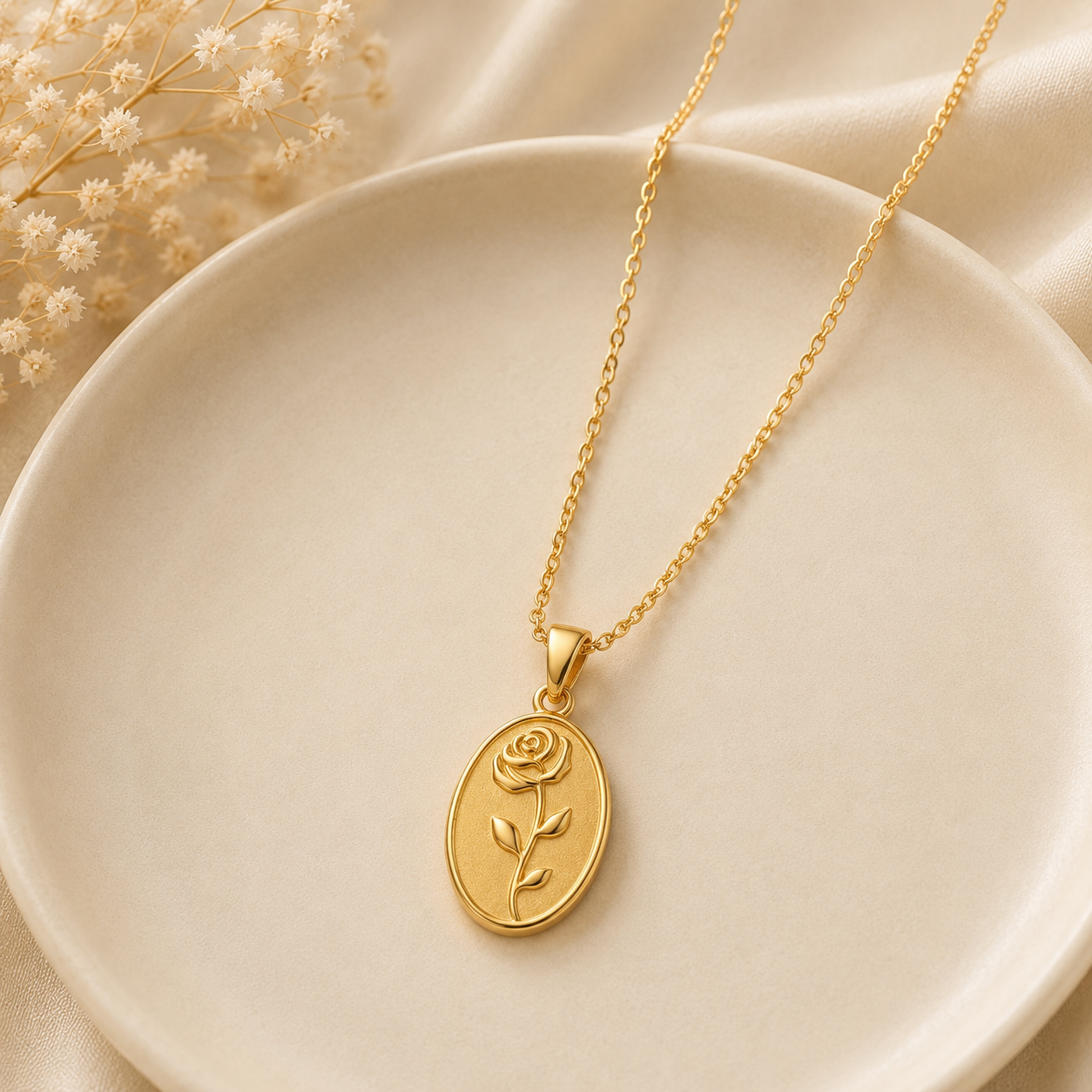 Gold Rose Oval Pendant Necklace
