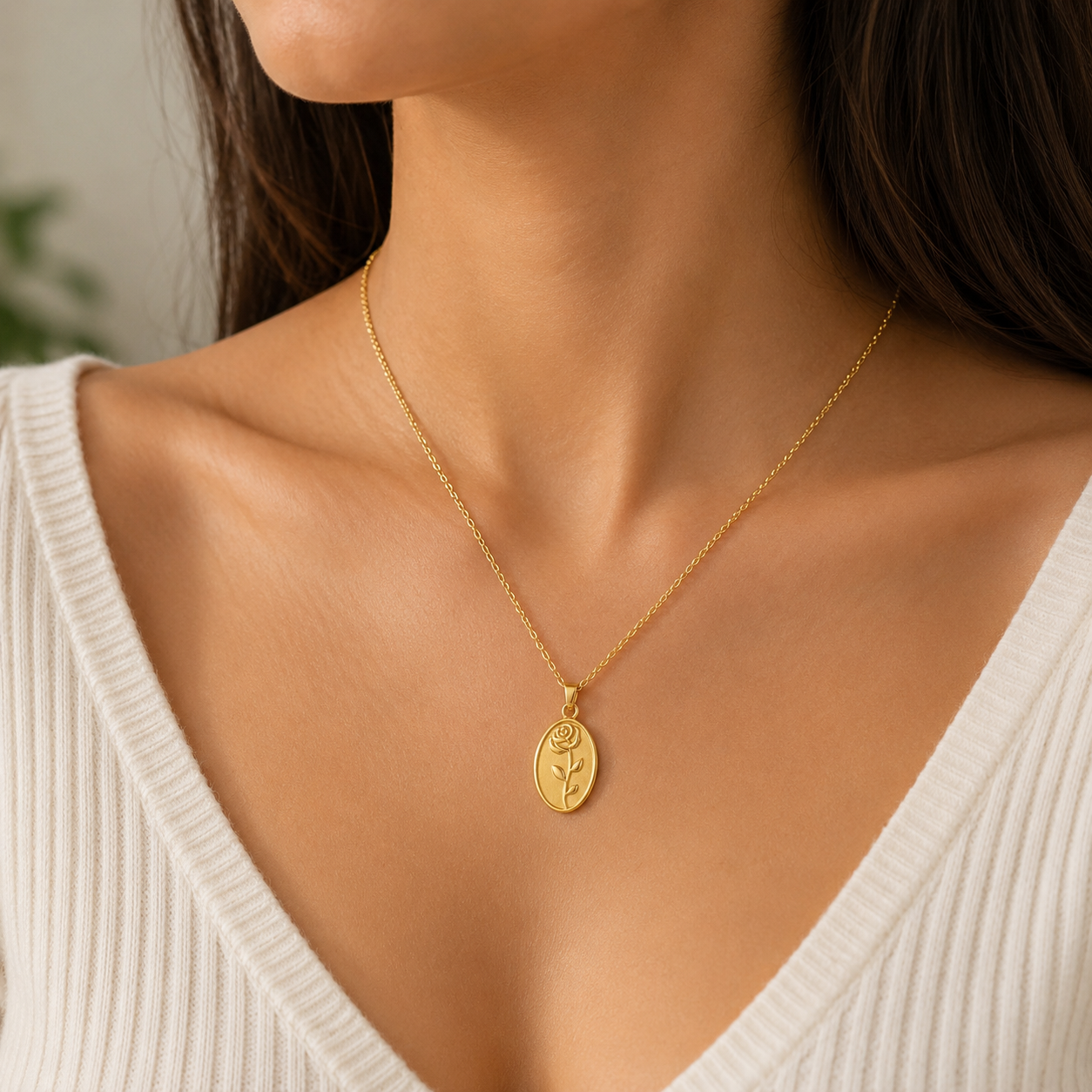 Gold Rose Oval Pendant Necklace