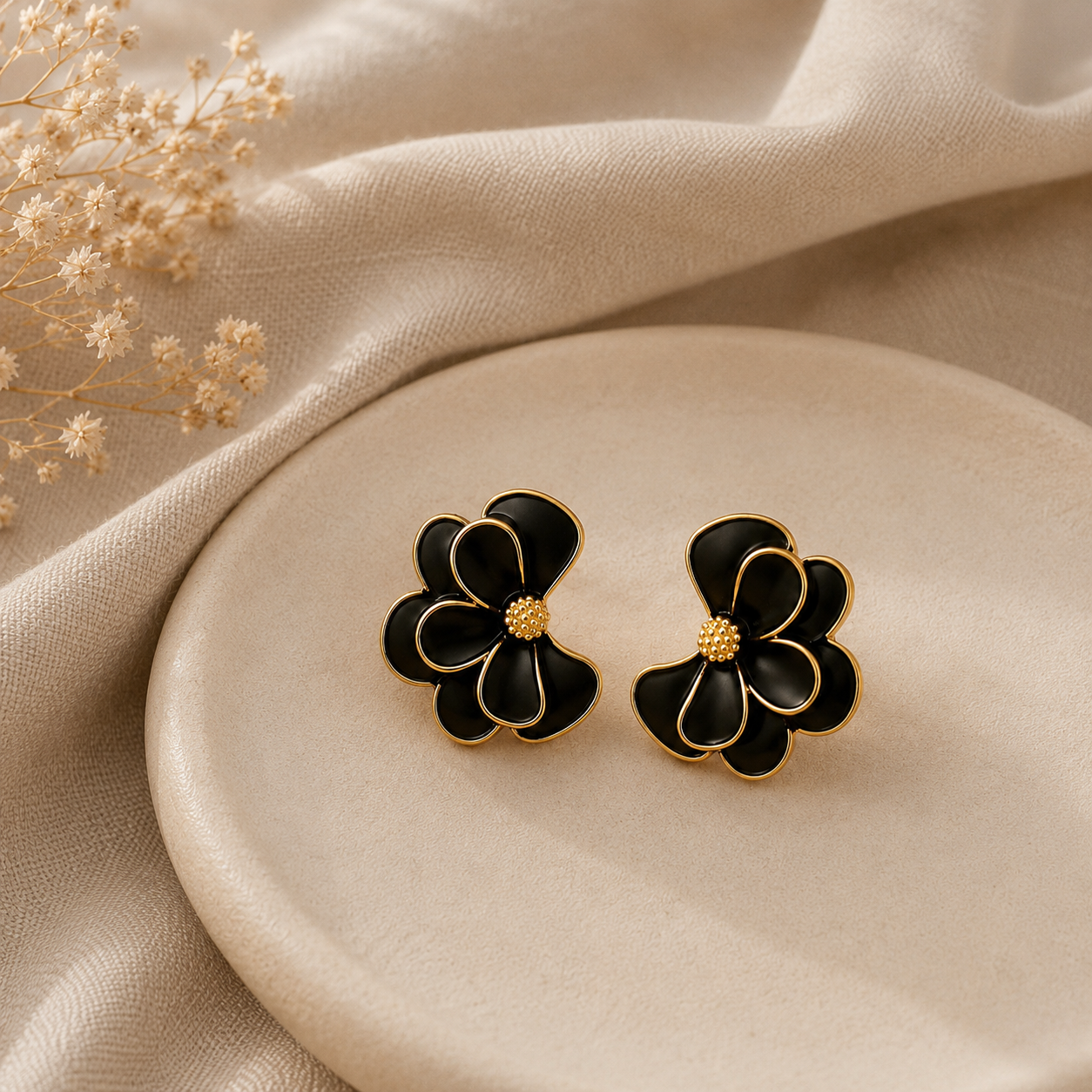 Black Floral Statement Stud Earrings