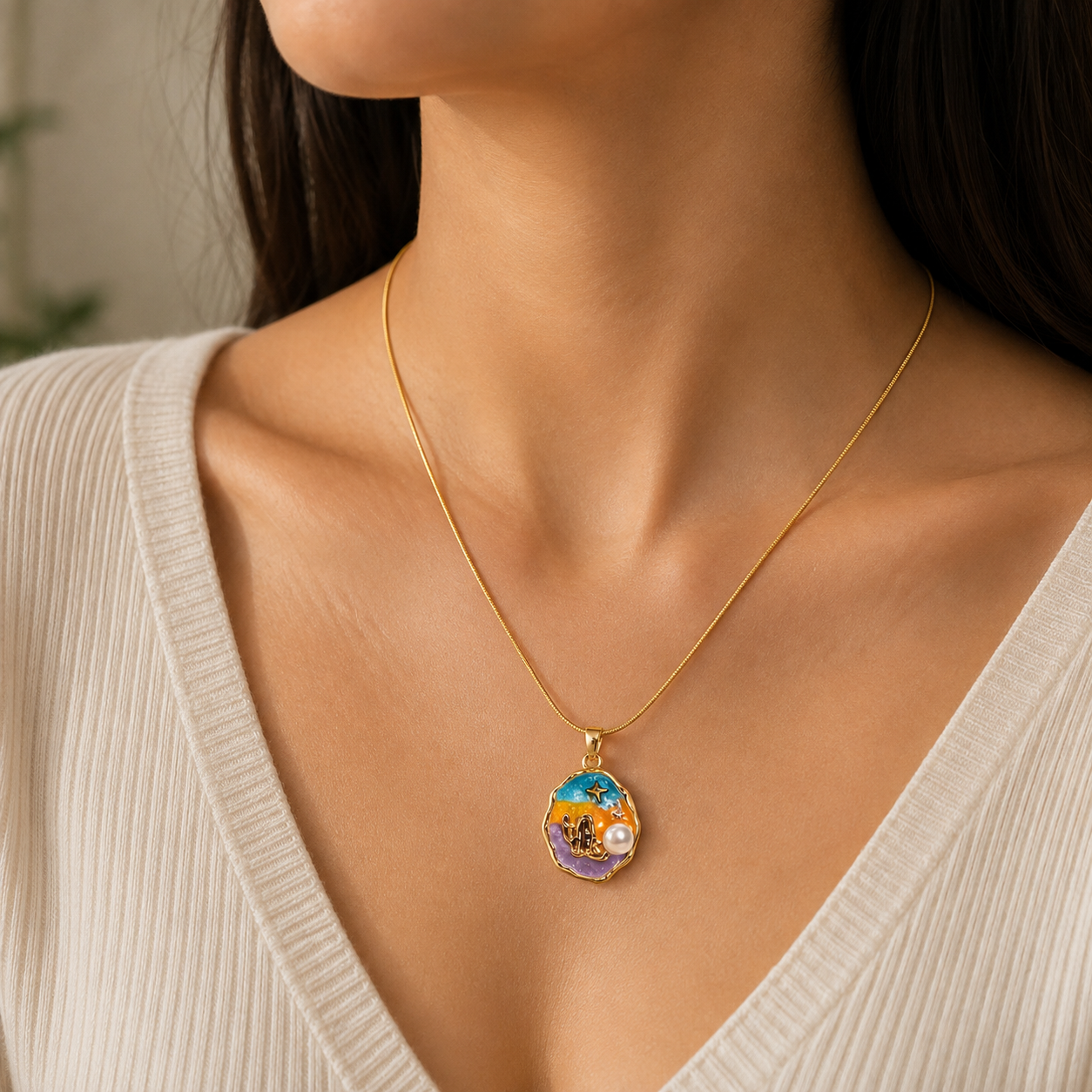 Celestial Enamel Pearl Pendant Necklace