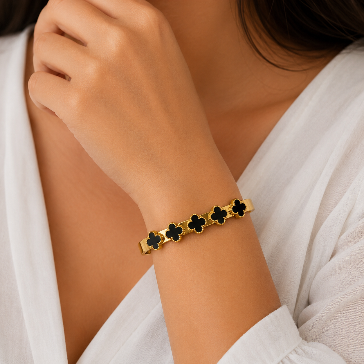 Gold Black Clover Charm Bracelet